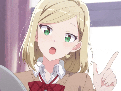 a girl with blonde hair and green eyes is pointing upwards