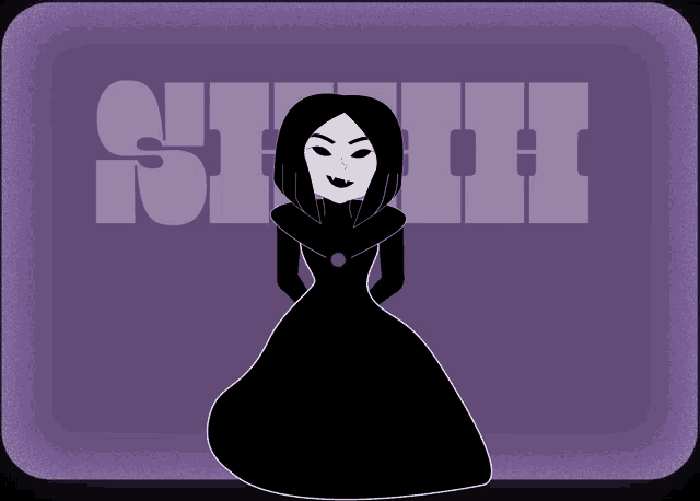 a woman in a black dress stands in front of a purple background with the letter s on it