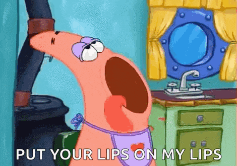 patrick star from spongebob squarepants is wearing a pink apron and saying put your lips on my lips