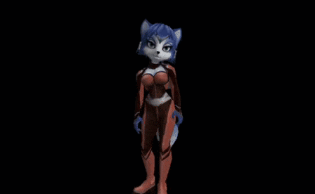 a 3d rendering of a female fox in a red and blue outfit standing in the dark .