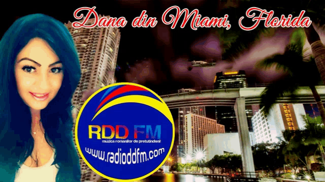 dana din miami florida advertisement with a woman in front of a city