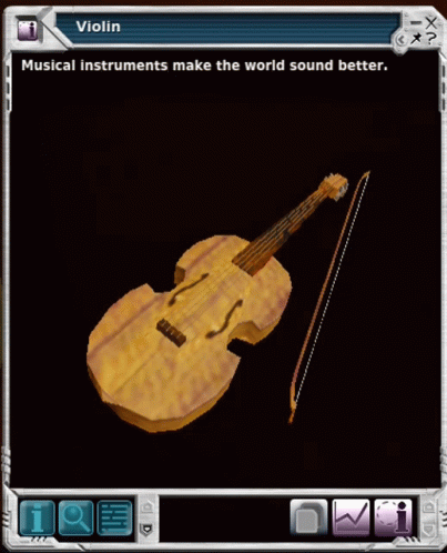 a video game screen shows a violin with a bow and the words musical instruments make the world sound better