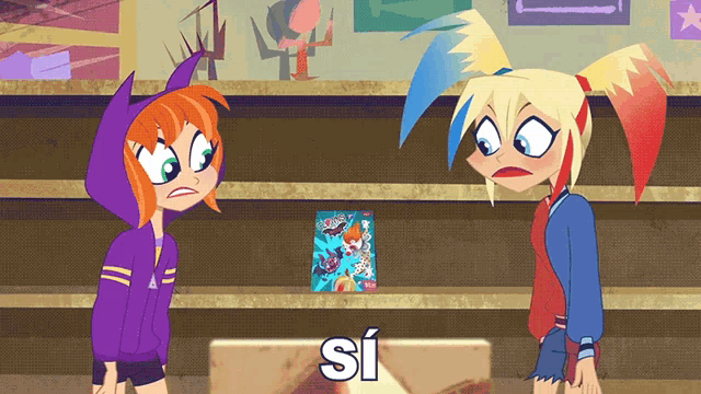 two cartoon characters are standing next to each other and the word si is on the bottom right