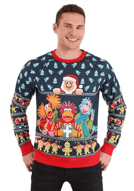 a man is wearing an ugly christmas sweater with the muppets