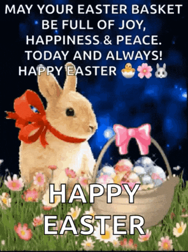 a picture of a bunny and a basket of easter eggs