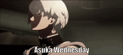 a man with white hair is standing in a dark room with the words `` asuka wednesday '' written on the bottom .