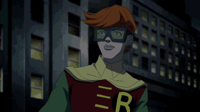 a cartoon character is wearing a red and green outfit with the letter r on his chest