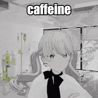 a girl with a bow tie is standing in a room with the words caffeine above her