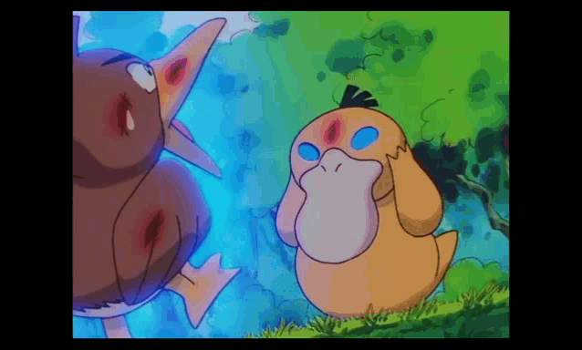 a cartoon duck with a blue eye is standing next to a brown duck