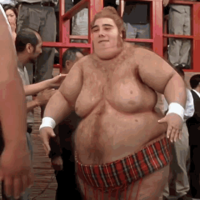a sumo wrestler in a plaid skirt stands in front of a crowd of people