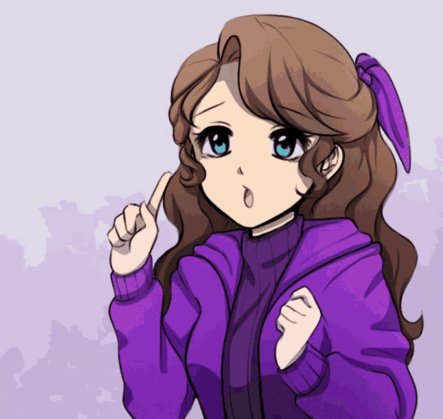 a girl in a purple jacket has her finger up
