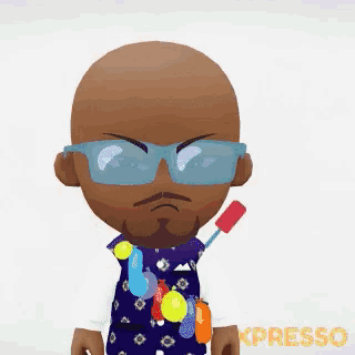 a cartoon character wearing sunglasses and an apron with balloons around his neck stands in front of a sign that says kpresso