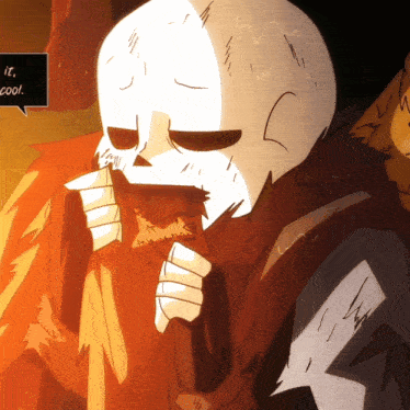 a drawing of a skeleton eating a piece of food with a speech bubble that says it 's cool