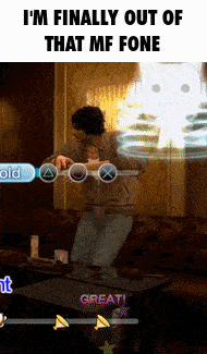 a man is playing a video game with the words " i 'm finally out of that mf fone "
