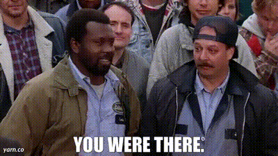 two men are standing in front of a crowd and one of them is saying you were there .