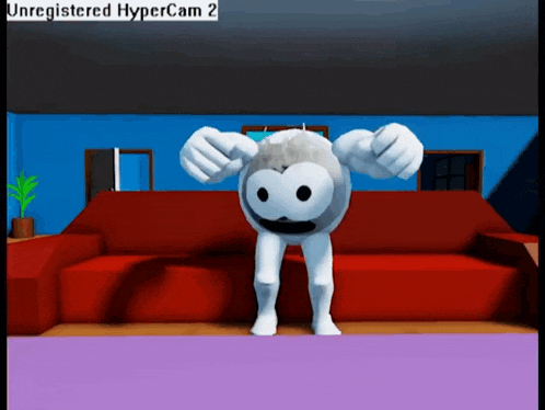 a cartoon character is standing in front of a red couch with the words " unregistered hypercam 2 " above him