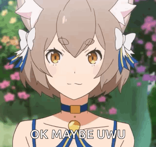 a girl with a cat ear and a bow on her head is saying ok maybe uwu