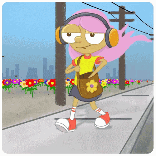 a cartoon girl with pink hair wearing headphones and carrying a bag