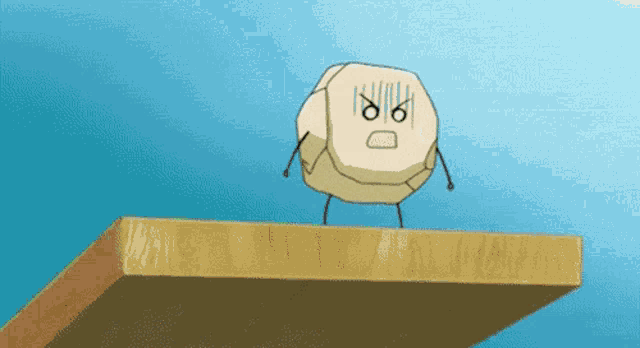 a cartoon character with arms and legs is standing on top of a wooden plank .