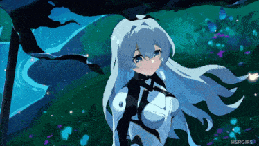 a gif of a girl with long white hair and a hsrgifs watermark