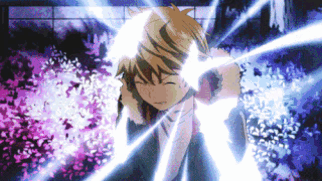 a boy with yellow hair is surrounded by purple flowers and light coming out of his face .