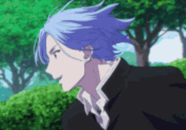 a close up of a person 's face with blue hair and a black jacket .
