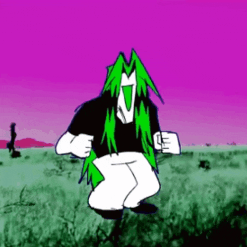 a cartoon character with green hair is dancing in a field with a purple background .