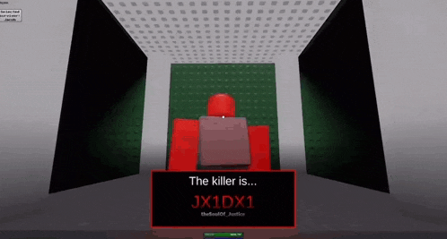 a person is sitting in a room with a sign that says `` the killer is ... jx1dx1 '' on it .