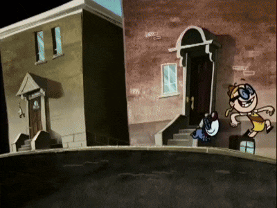 a cartoon character with glasses and a hat is running in front of a building