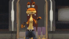 a cartoon character is standing in front of a mirror wearing a goggles .
