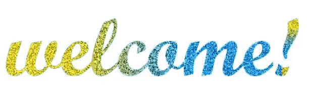 the word welcome is made of blue and yellow glitter