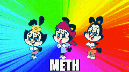 three cartoon characters are dancing in front of a rainbow background and the word meth is visible