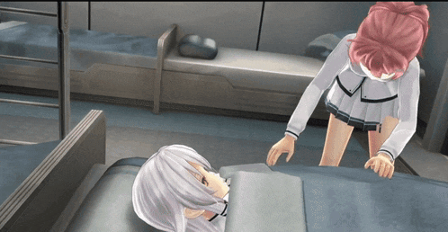 a girl with pink hair stands next to a girl with white hair laying in a bed