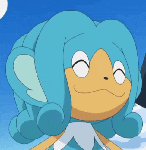 a close up of a cartoon character with blue hair and yellow arms
