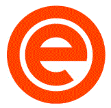 an orange circle with a white letter e inside