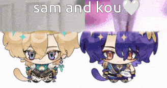 a couple of cartoon characters are standing next to each other with the words sam and kou written above them