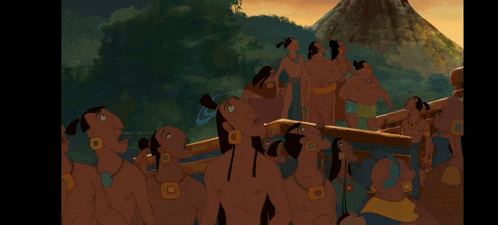 a group of native americans standing in front of a volcano