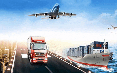 an airplane is flying over a truck and a ship is floating on the water .