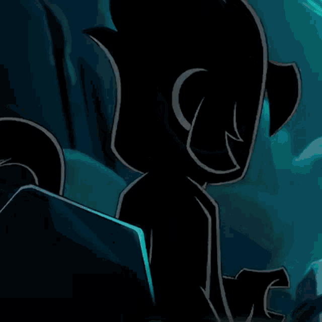 a cartoon character with a glowing face is standing in a dark room .
