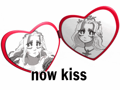 two heart shaped mirrors with a picture of a girl and the words now kiss