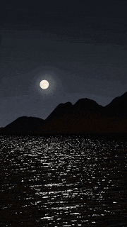 a full moon shines over a body of water with mountains in the background
