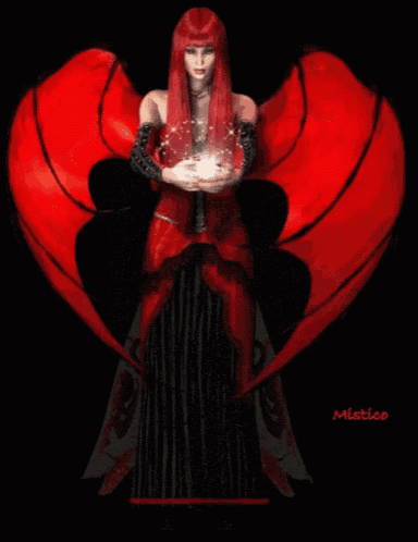 a woman with red hair and a black dress is holding a light in her hand