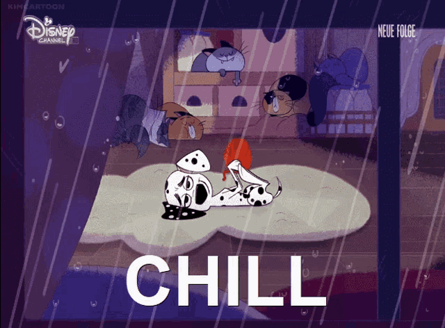 a dalmatian dog is laying on a cloud in the rain with the word chill above it