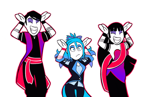 a cartoon drawing of a man and two women with their hands on their head