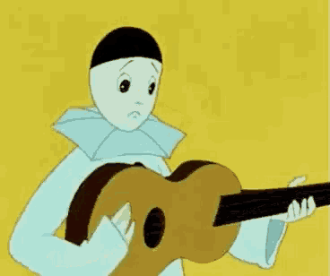 a cartoon drawing of a clown holding a guitar