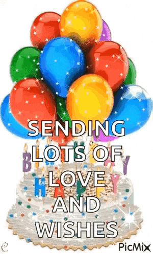 a birthday cake with balloons and candles and the words `` sending lots of happy love and wishes '' .