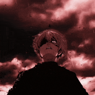 a drawing of a person looking up at the sky with red clouds