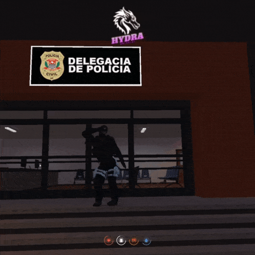 a police officer is standing in front of a building that says delegacia de policia civil