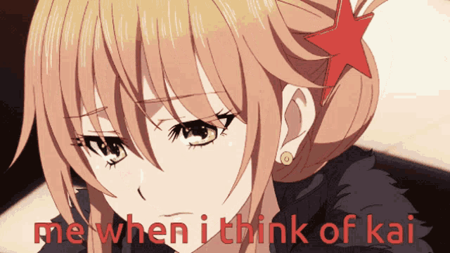 a girl with a red star in her hair and the words me when i think of kai below her