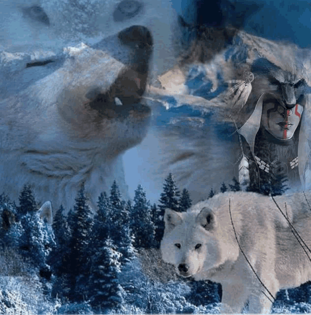 a painting of two wolves and a native american in the background